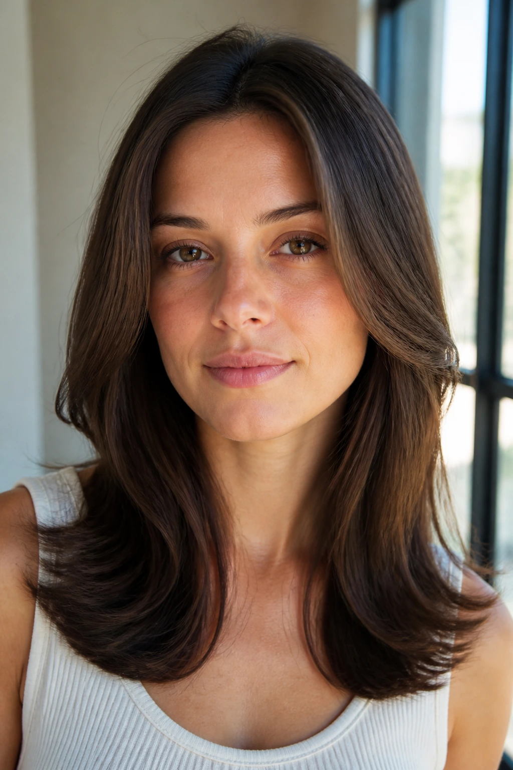 Close-up portrait of a real woman with a smooth blowout and bent ends.