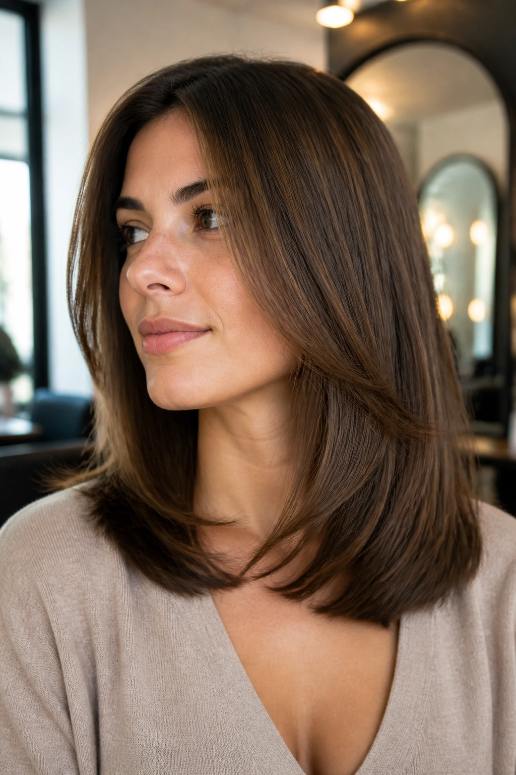 Close-up portrait of a real woman with shoulder-length hair in a feathered, polished blowout