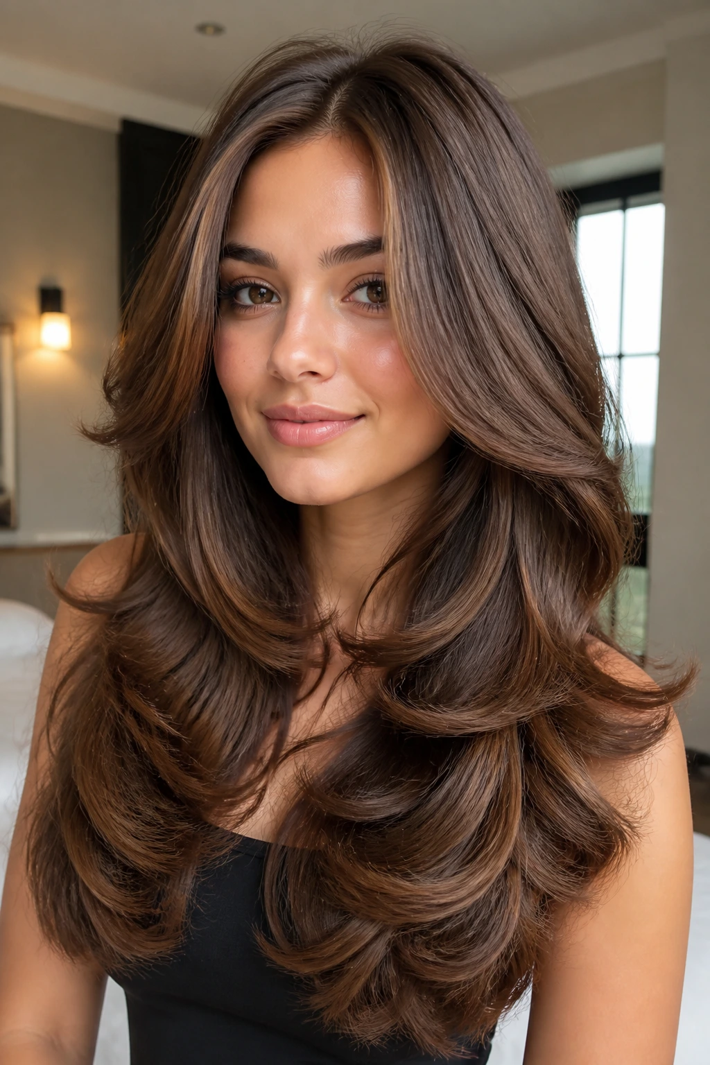 Close-up of a real woman with voluminous blowout and flipped ends