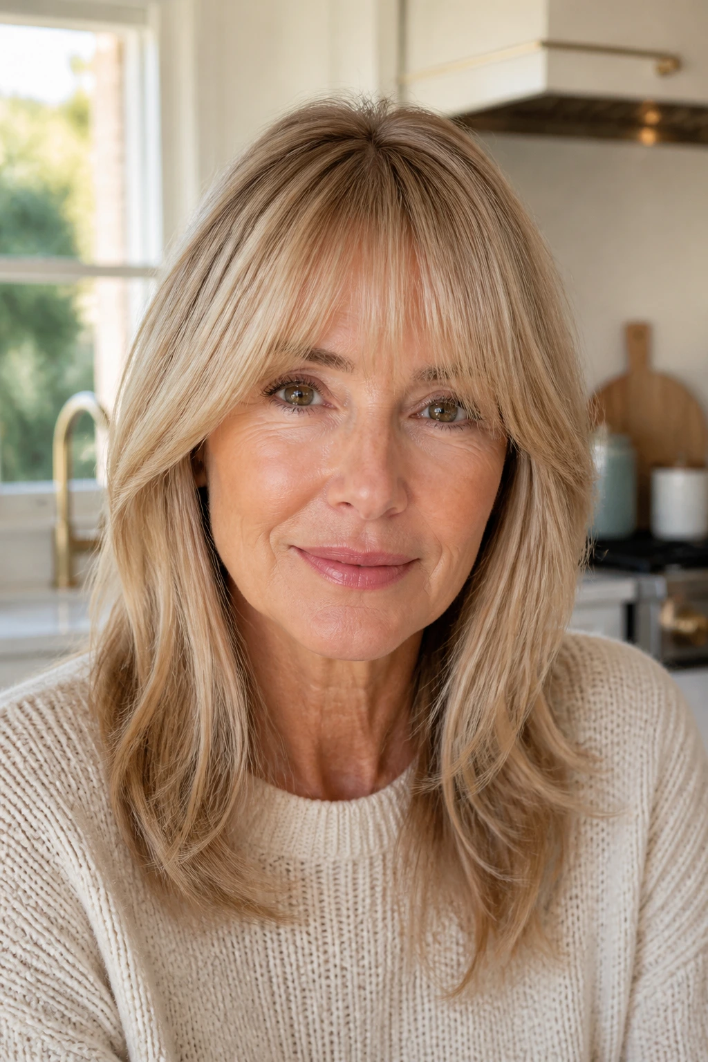 Close-up of a real woman with blowout-friendly bangs in bright daylight