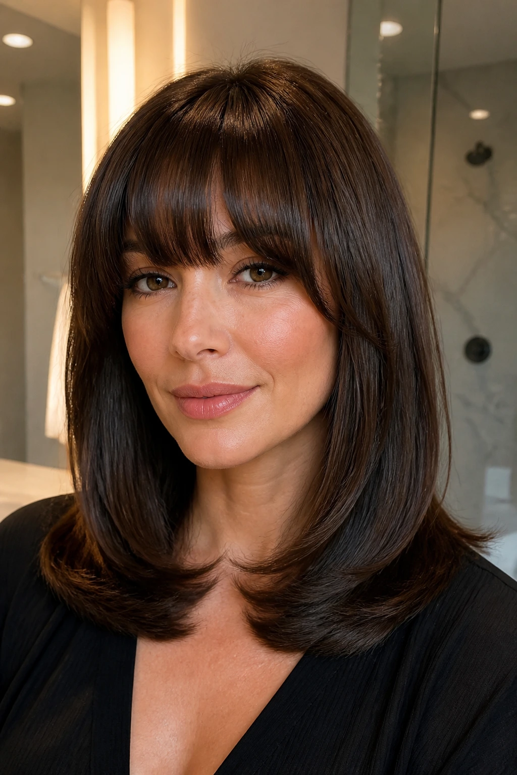 Close-up of a woman with glossy blowout and full fringe