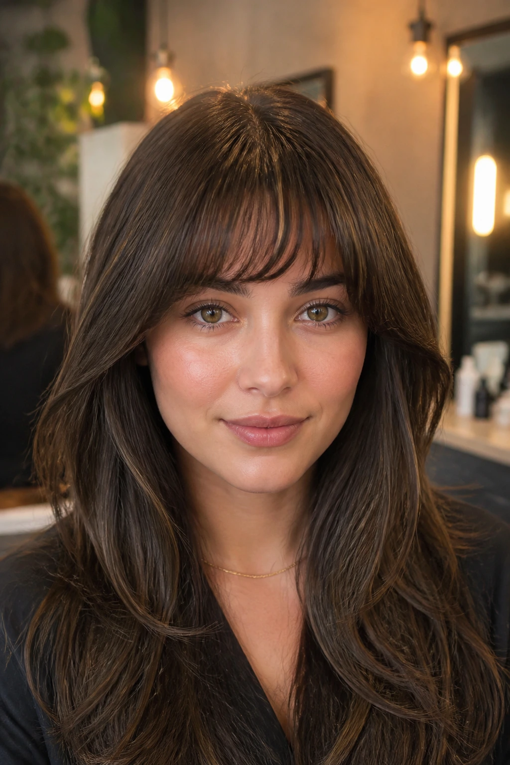 Close-up of a real woman with a lifted blowout fringe in a warm, salon-like setting