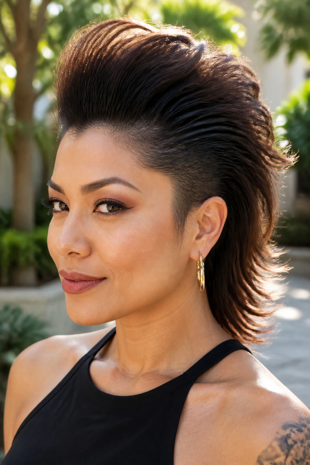 Close-up of a real woman with a blowout hawk and feathered ends