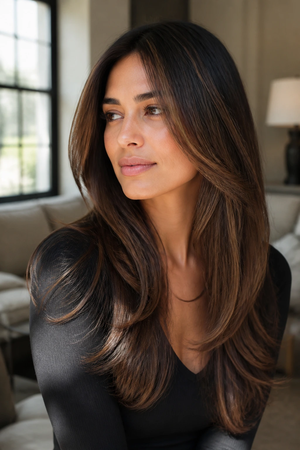 Portrait of a woman with blowout-friendly long layers in a polished look.