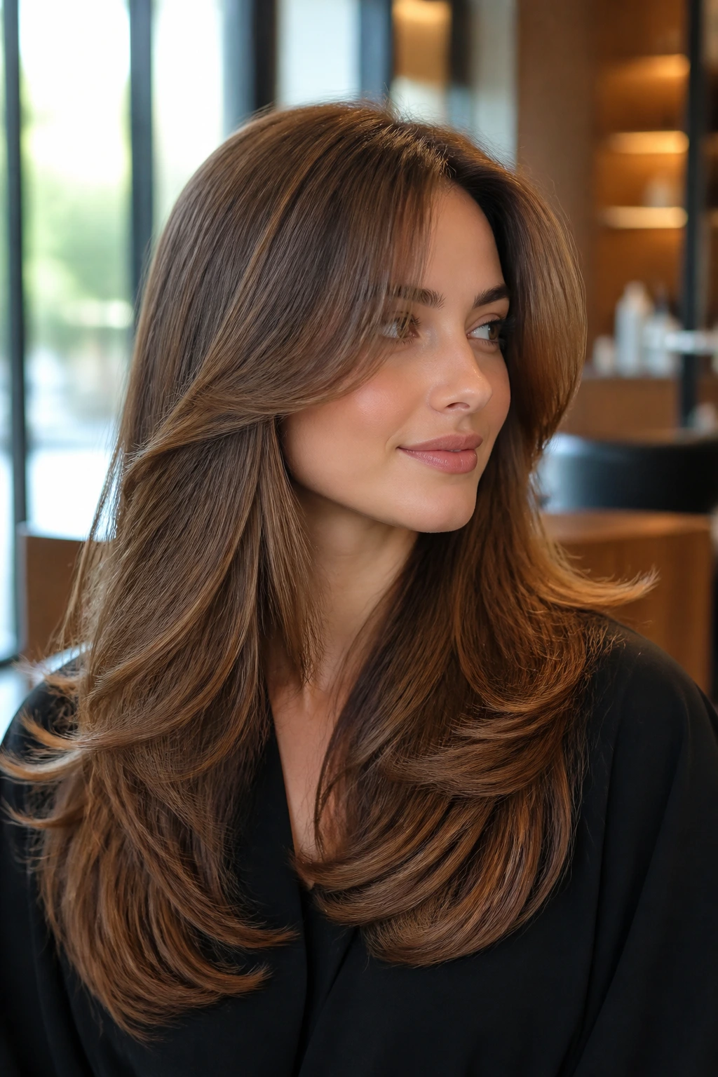 Close-up of a real woman with blowout layers and flipped-end curtain bangs in a salon.