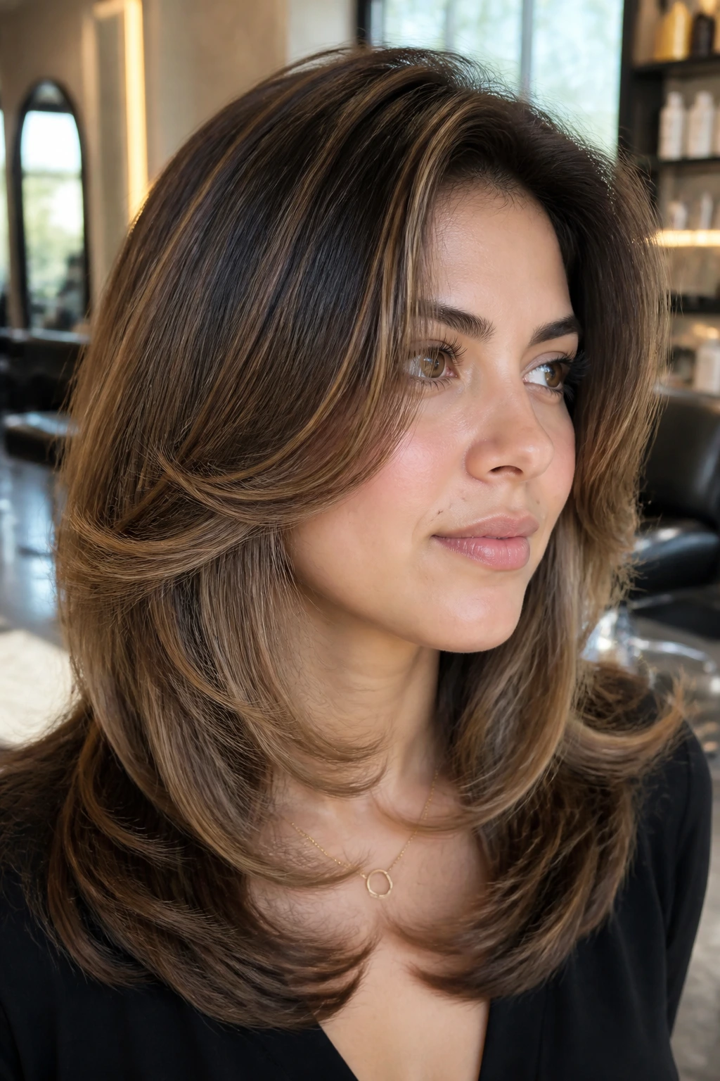 Close-up of a real woman with bouncy blowout layers lifting away from the face