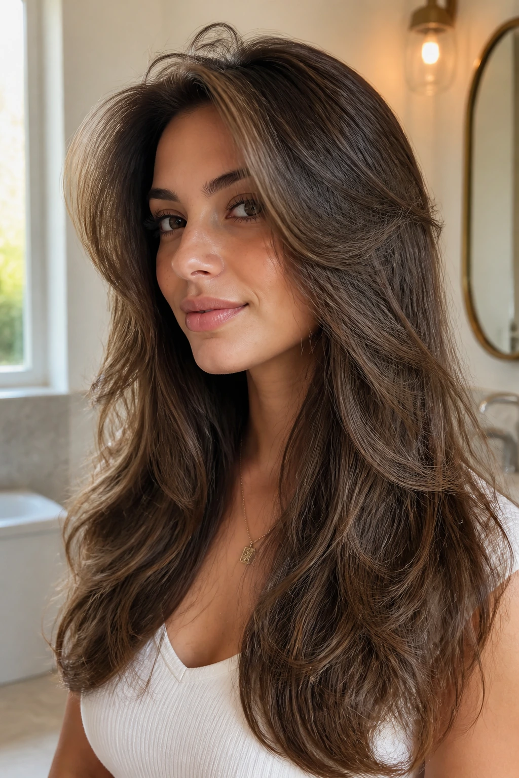 Portrait of a woman with a lifted crown and curled ends, showcasing layered hairstyle
