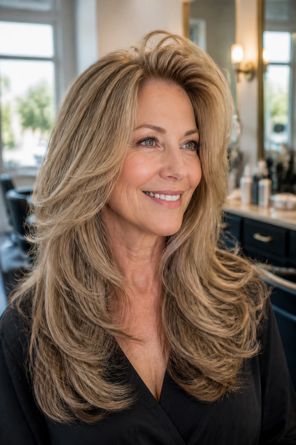 Close-up of a real woman with big blowout layers and crown lift.