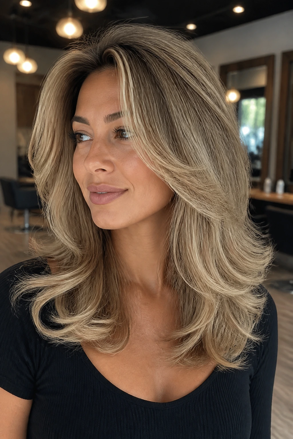 Close-up of a real woman with blowout layers and bigger movement in mid-length hair.