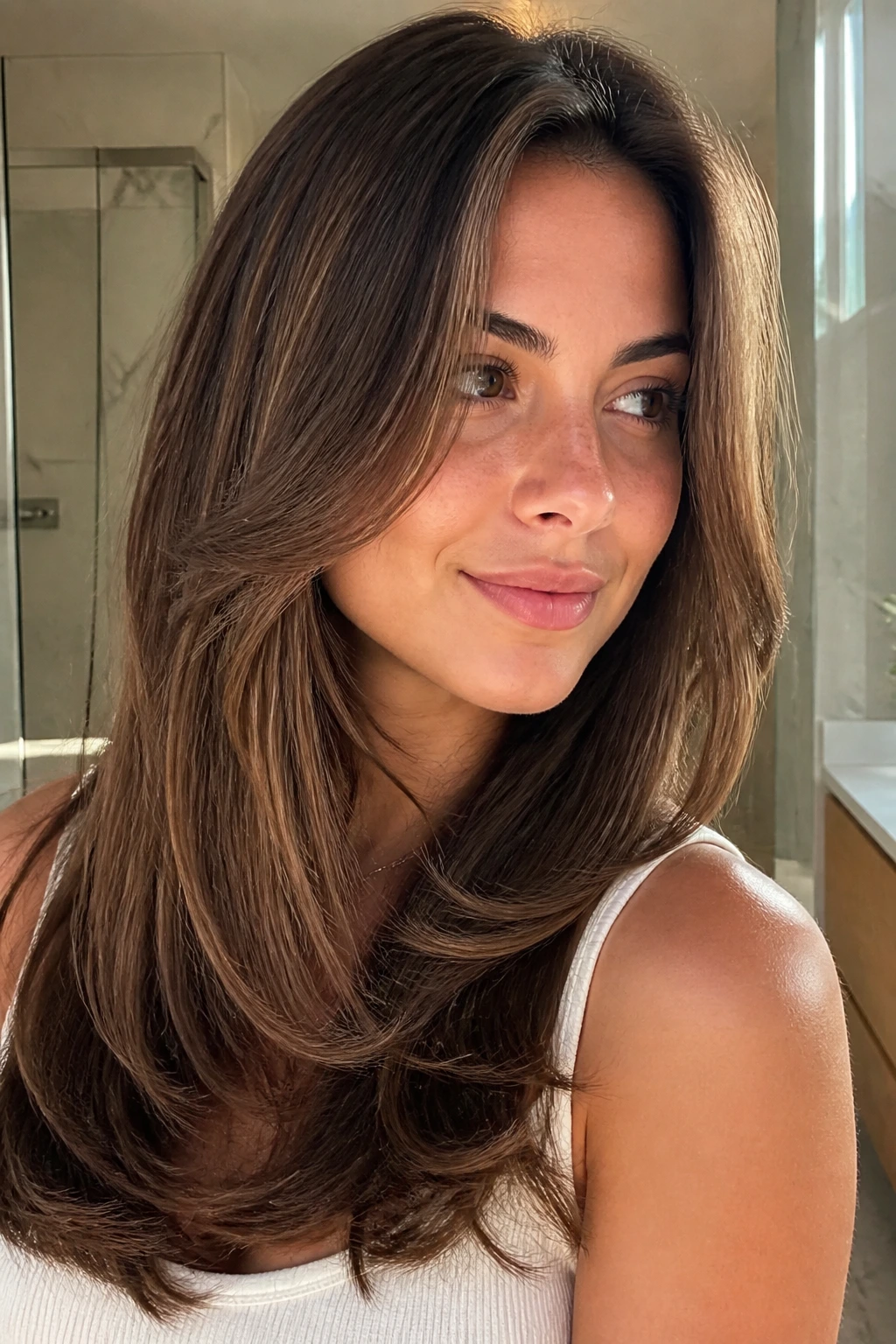 Portrait of a real person with blowout layers and round-brush-inspired lift