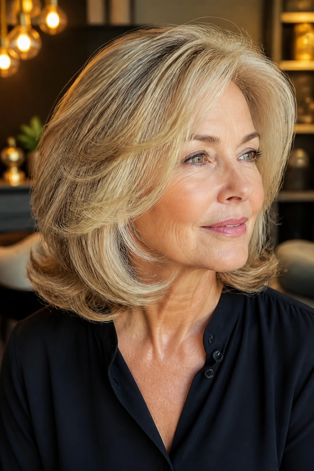 Close-up portrait of a real woman with blowout layers and volume under warm lighting