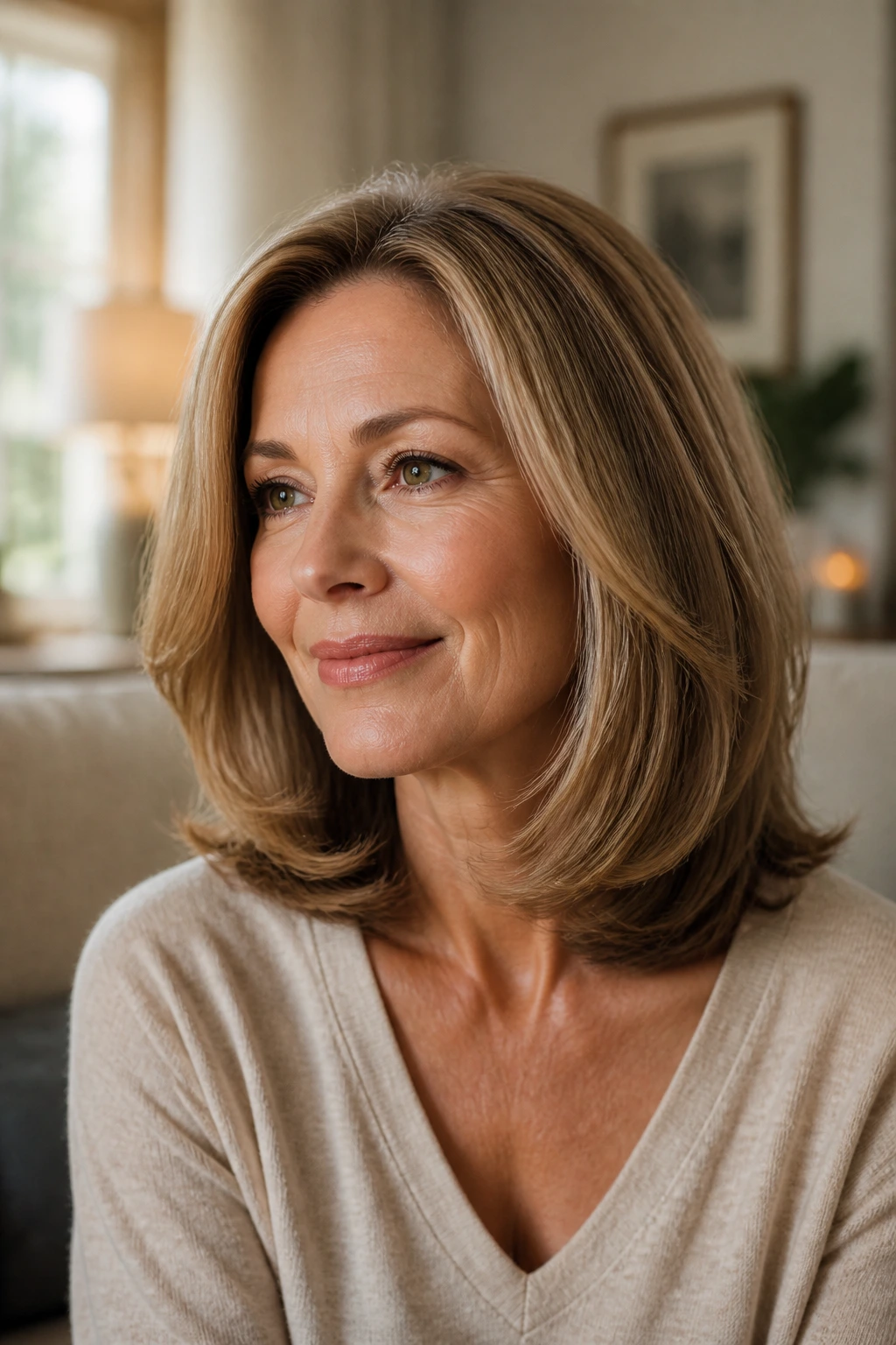 Close-up portrait of a real woman with a polished shoulder-length blowout lob in warm window light