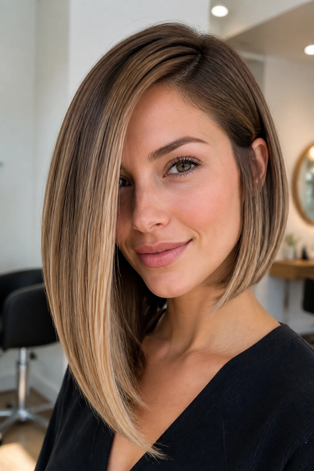 Portrait of a real woman with a blowout-smooth long bob