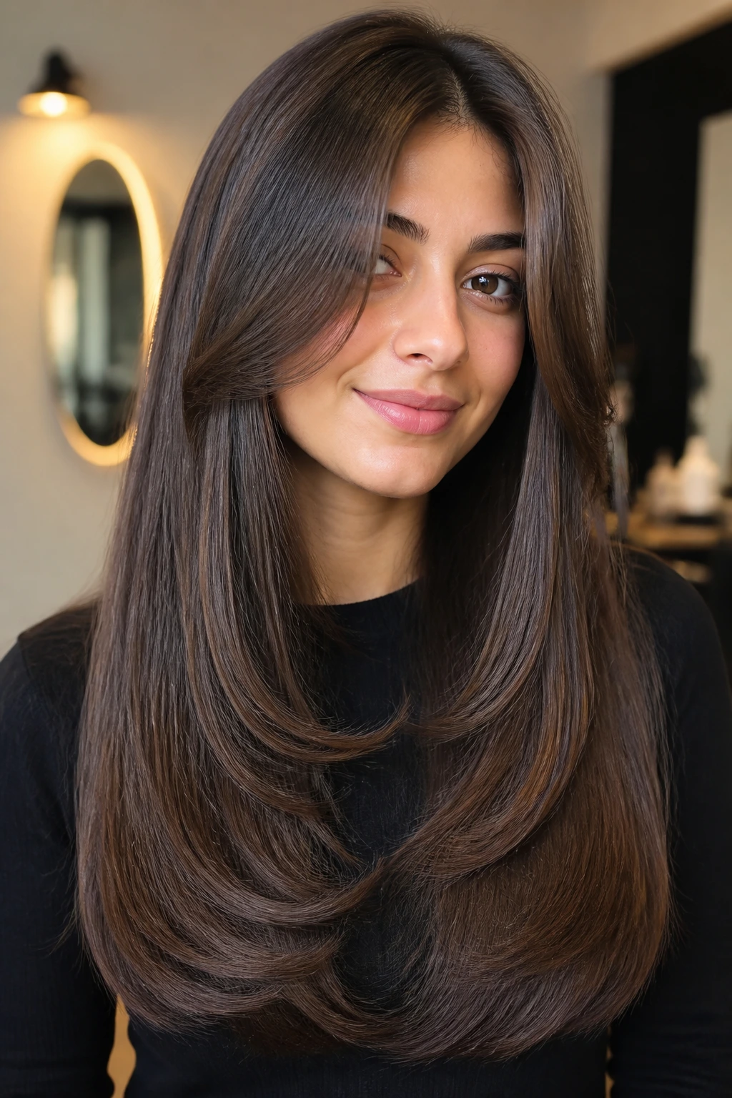 Close-up portrait of a person with a polished blowout long-cut hairstyle.