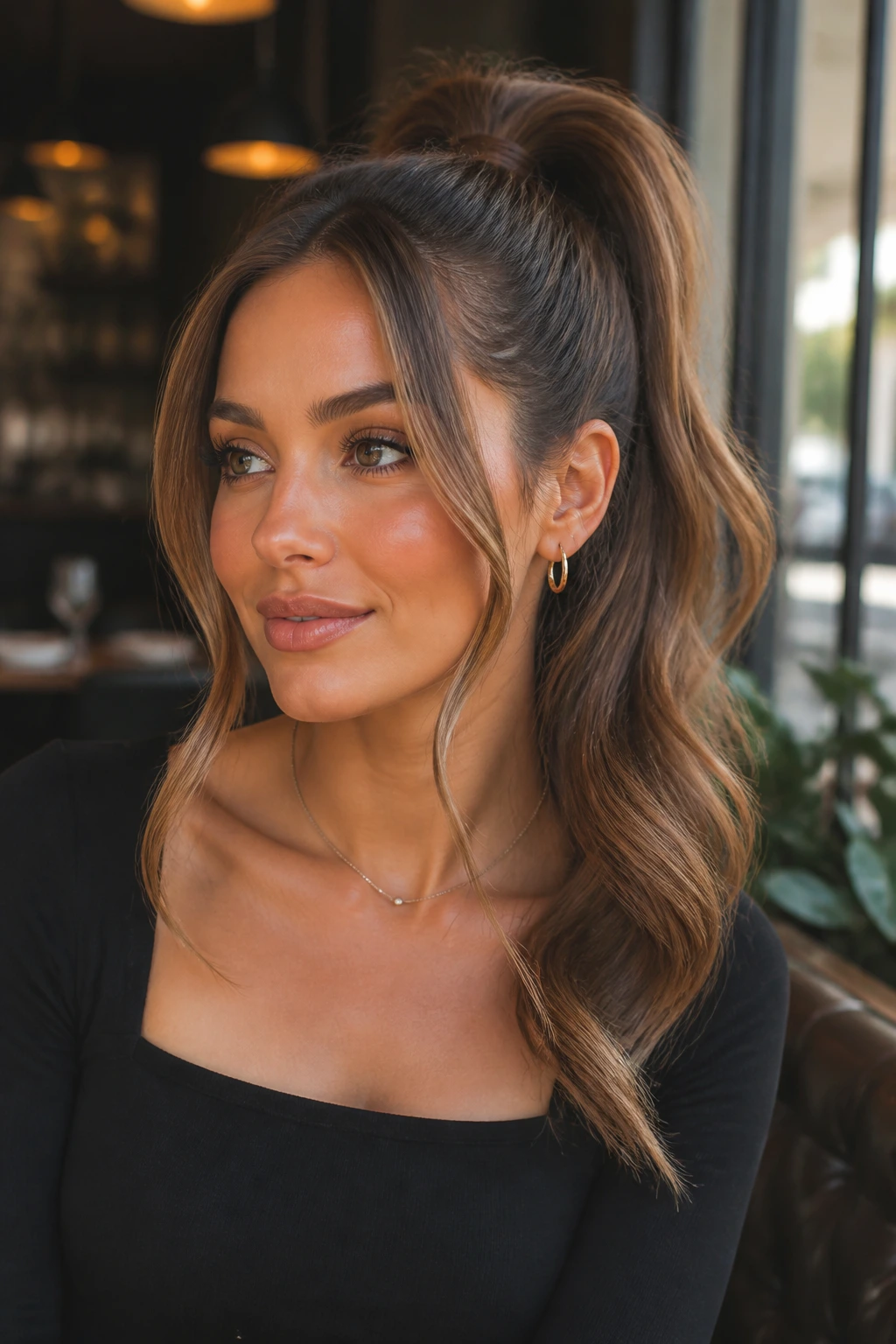 Portrait of a real woman with a face-framing blowout ponytail