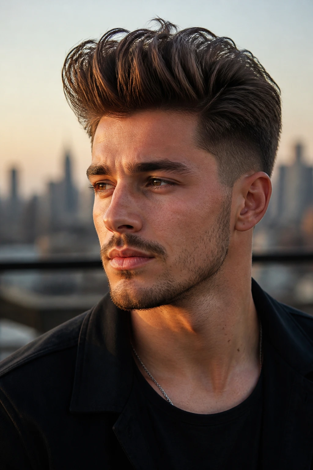 Close-up portrait of a man with blowout quiff on a rooftop with city skyline