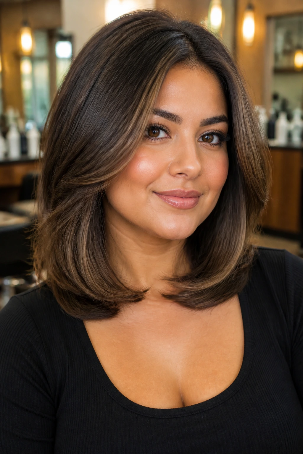 Portrait of real person with shoulder-length blowout featuring rounded ends and lifted roots