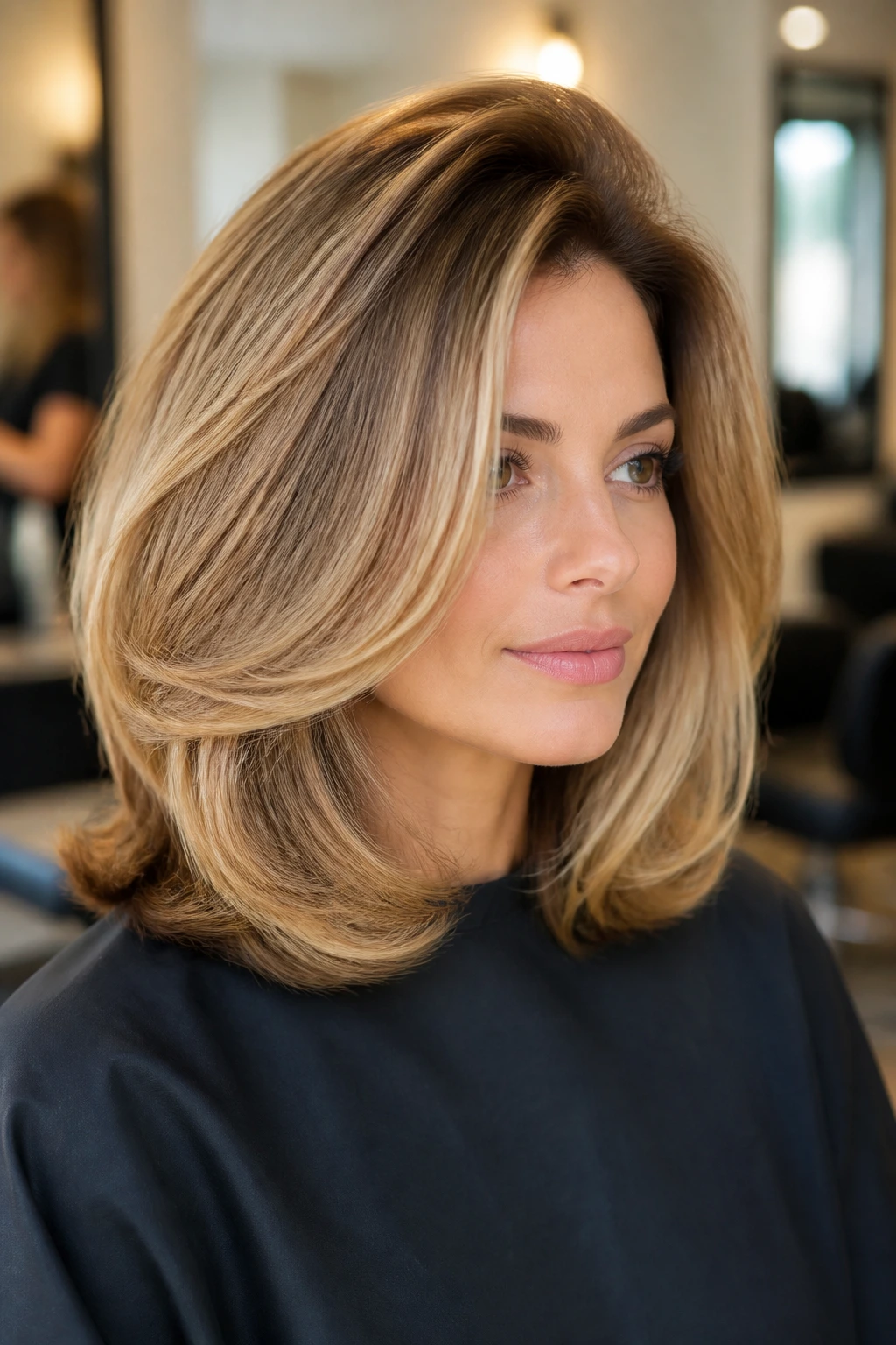 Close-up of real woman with rounded blowout and lifted roots in a salon setting