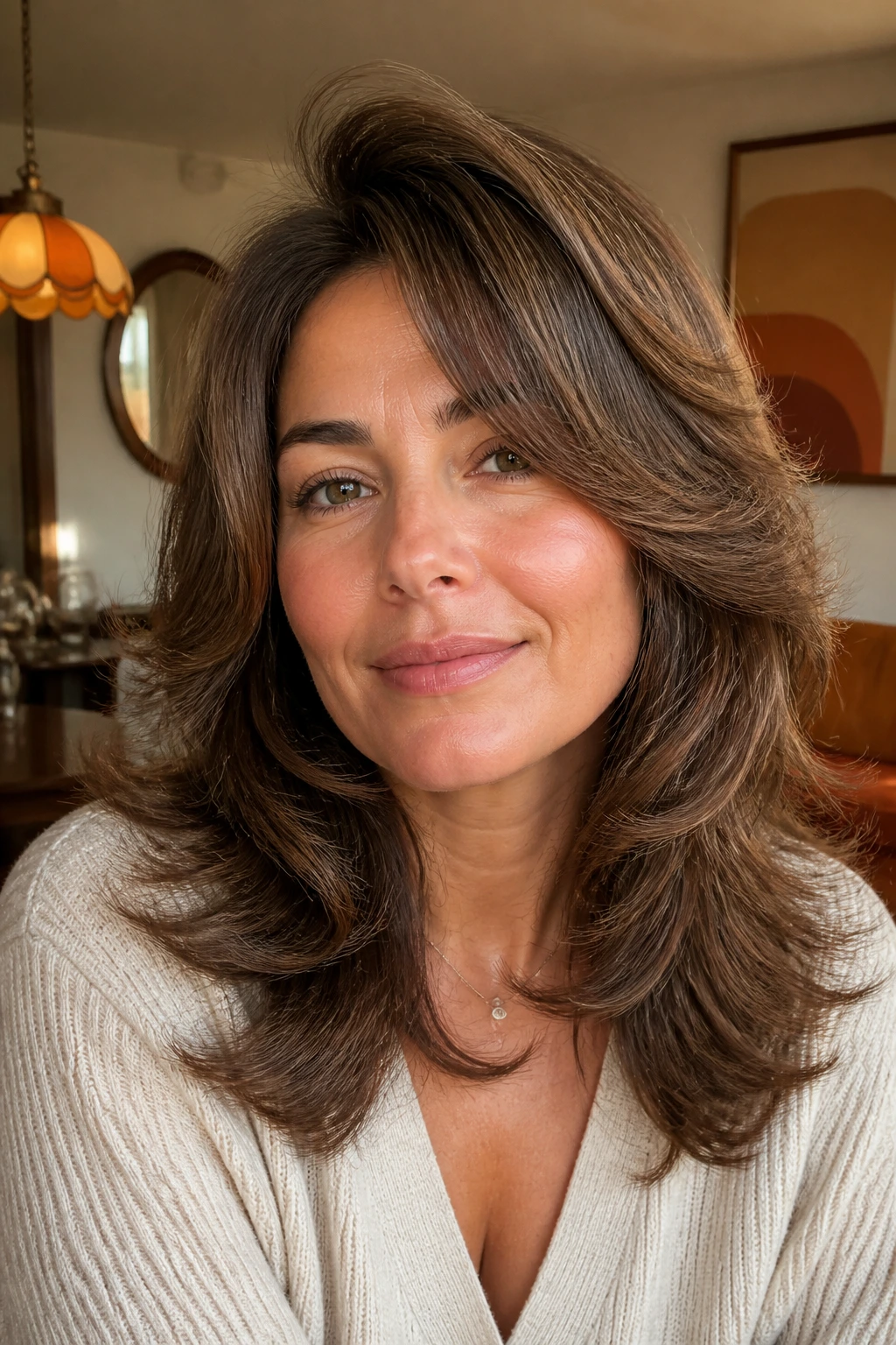 Close-up portrait of a real woman with blowout shag and 70s swing in warm retro setting