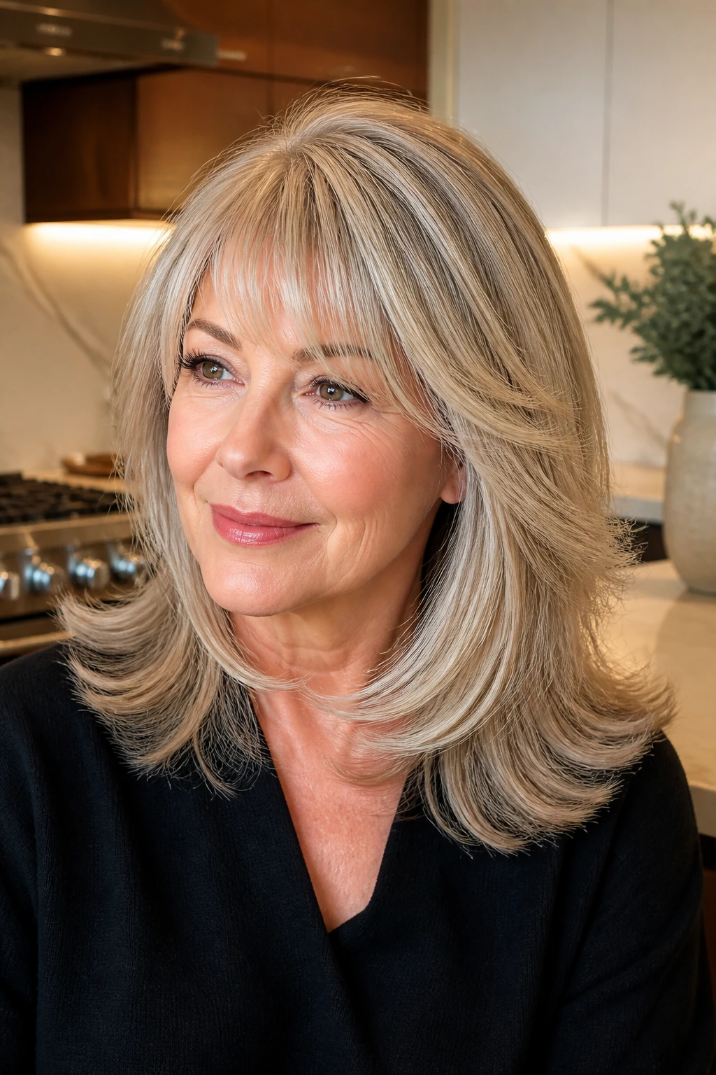 Real woman with glossy-ended blowout shag in a warm kitchen setting