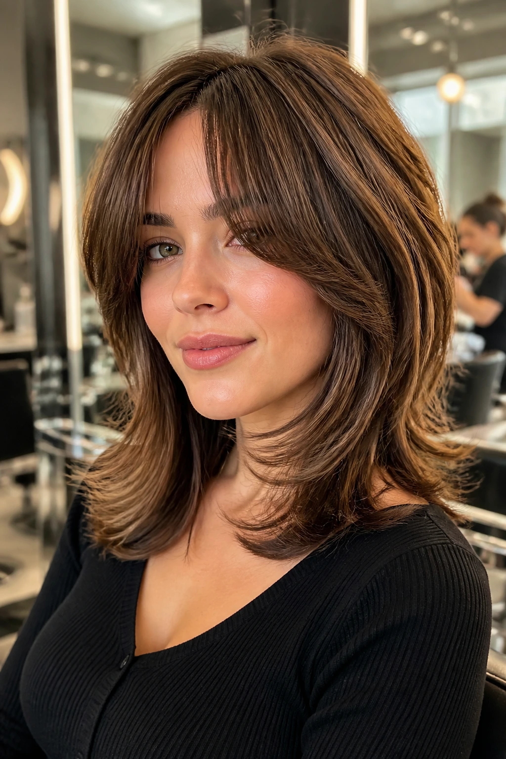 Portrait of a real woman with a blowout shag featuring a clean bend at the ends.
