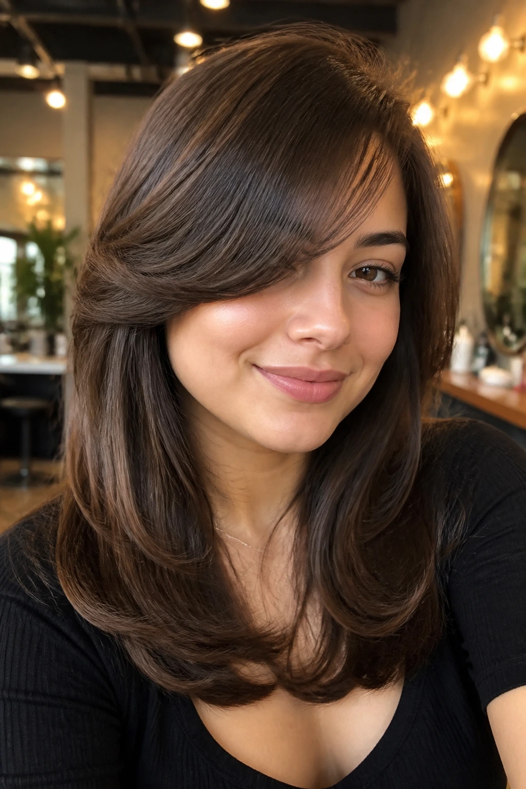 Close-up of a real woman with blowout side bangs and rounded bend in warm salon lighting