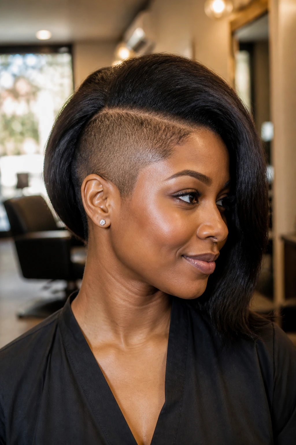 Close-up of a real person with blown-out length and shaved temple side sweep