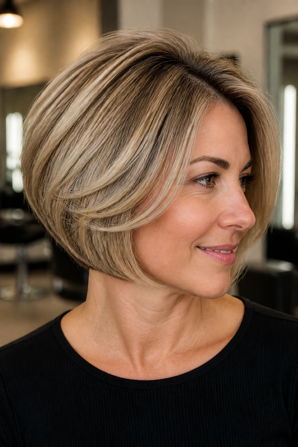 Real woman with a blowout stacked bob in a stylish salon setting
