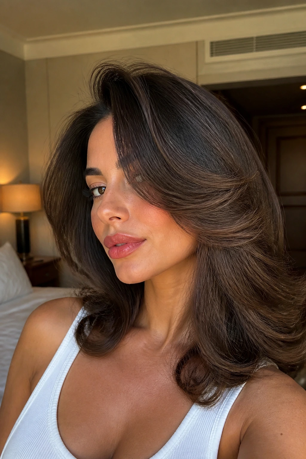 Real woman with glossy blowout swoop hairstyle in upscale interior