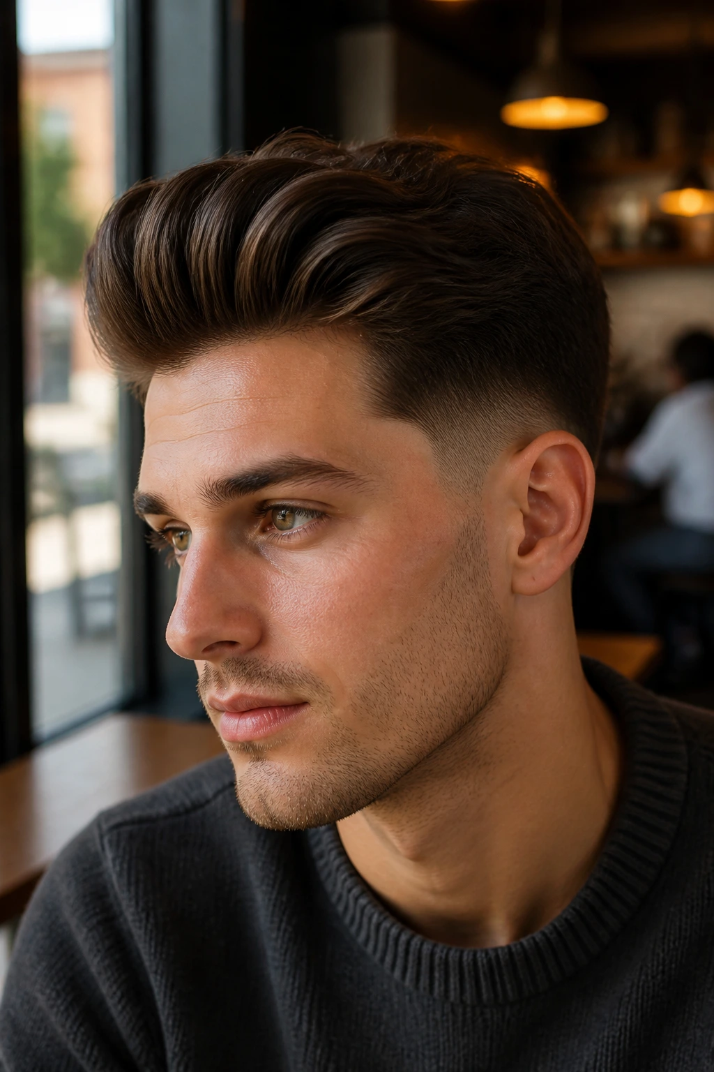 Close-up of a man with a blowout taper hairstyle