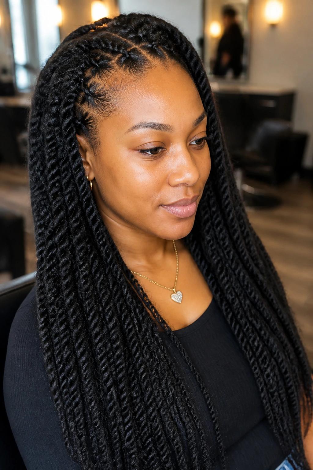 Close-up of real person with blowout twists showing length in a salon setting