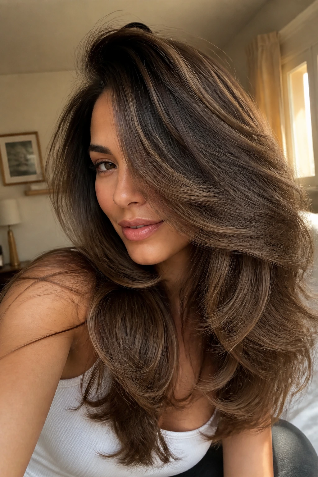 Close-up portrait of a real woman with a voluminous blowout, hair moving gently in warm indoor light