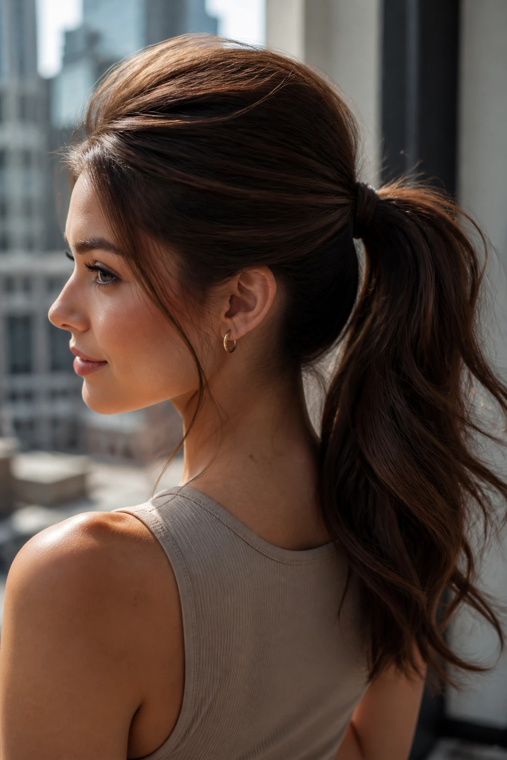 Portrait of a woman with a blowout-volume ponytail and crown lift.
