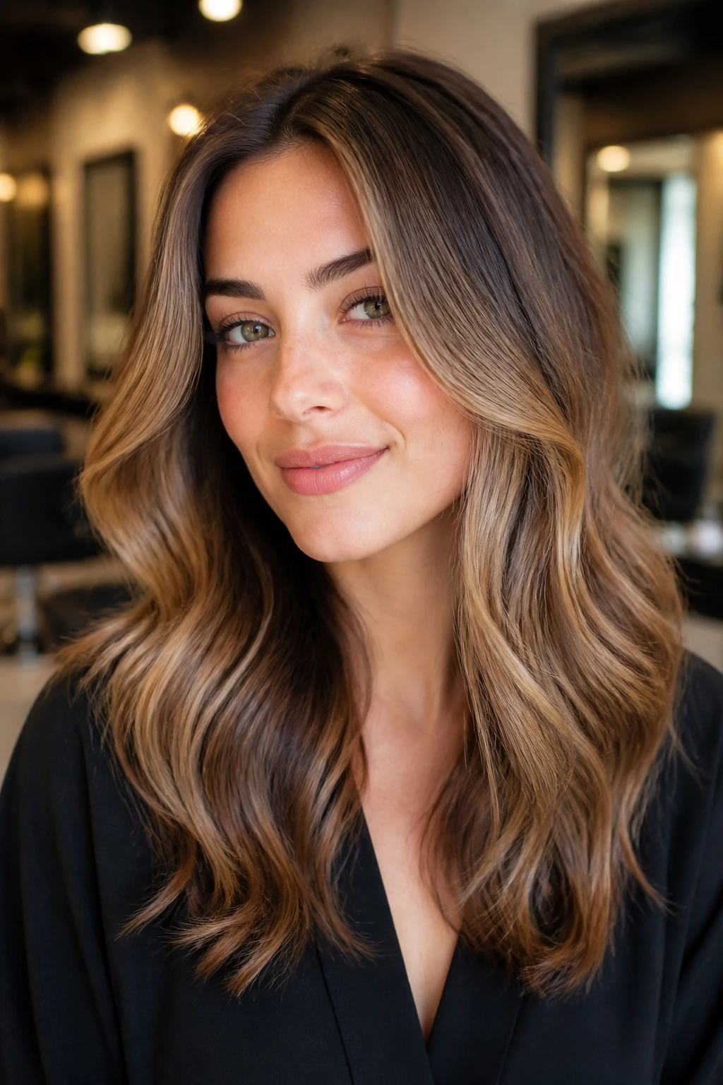 Close-up of real woman showing blowout-root control and soft waves