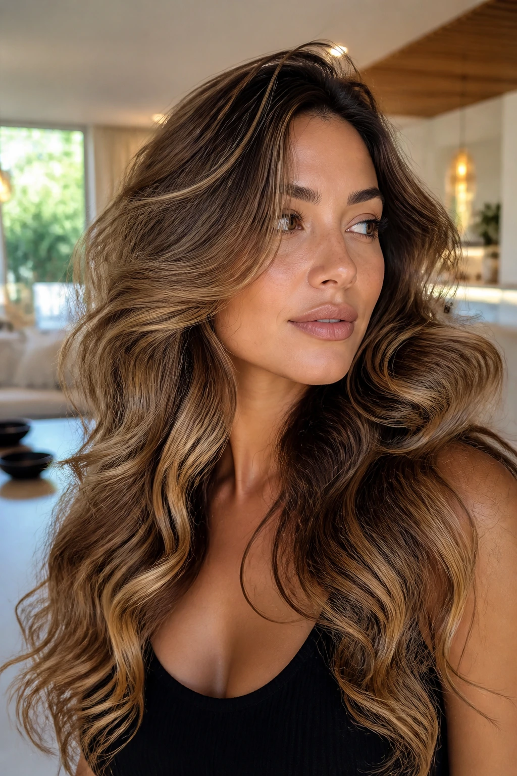 Close-up of a real woman with large, voluminous blowout waves