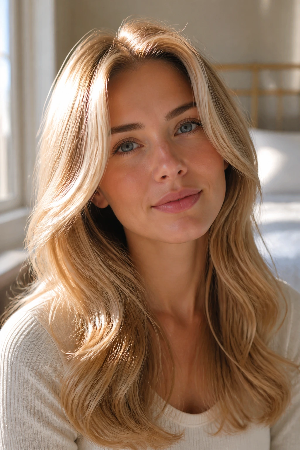 Close-up portrait of a real woman with airy blowout waves and lifted roots using a round brush