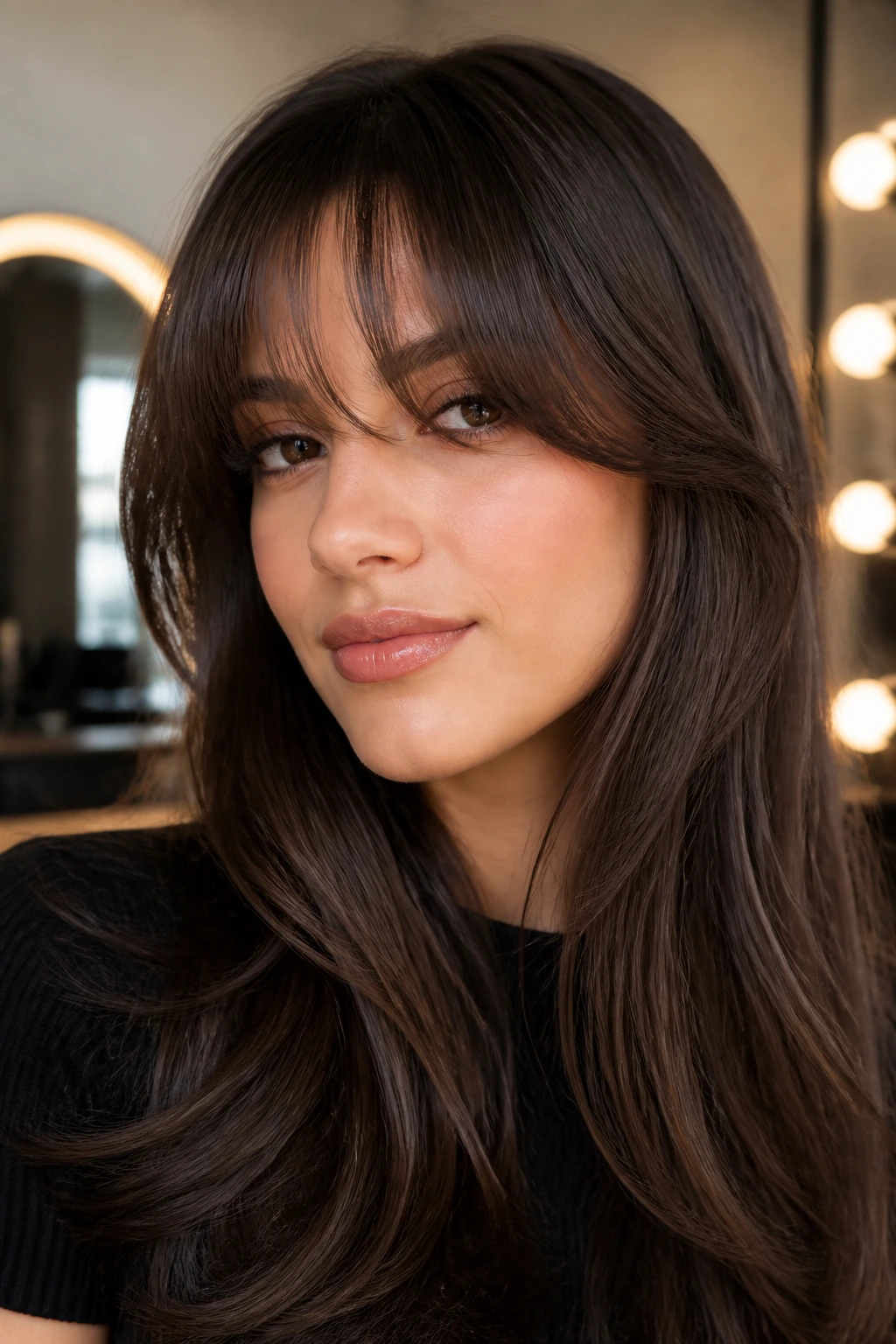 Portrait of a person with glossy blowout wispy bangs