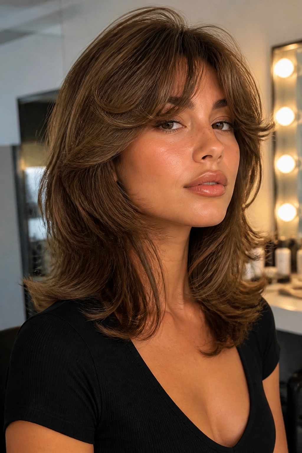 Portrait of person with blowout wolf cut and bouncy bangs in dressing room