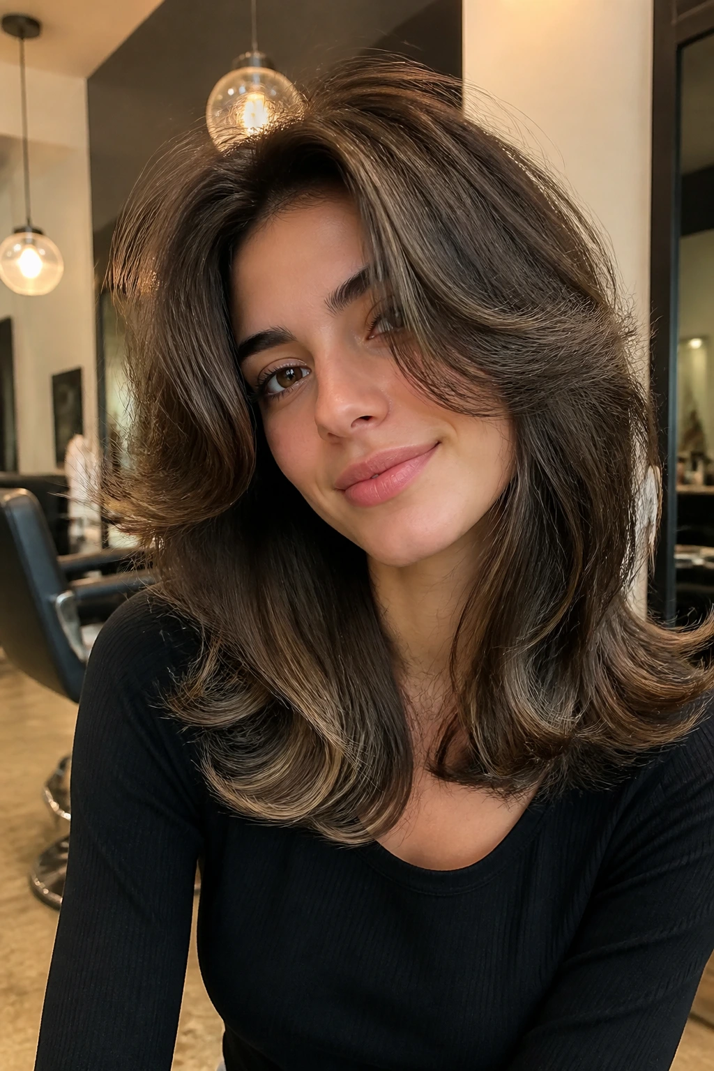 Close-up portrait of a real person with blowout wolf cut and big ends in a chic salon