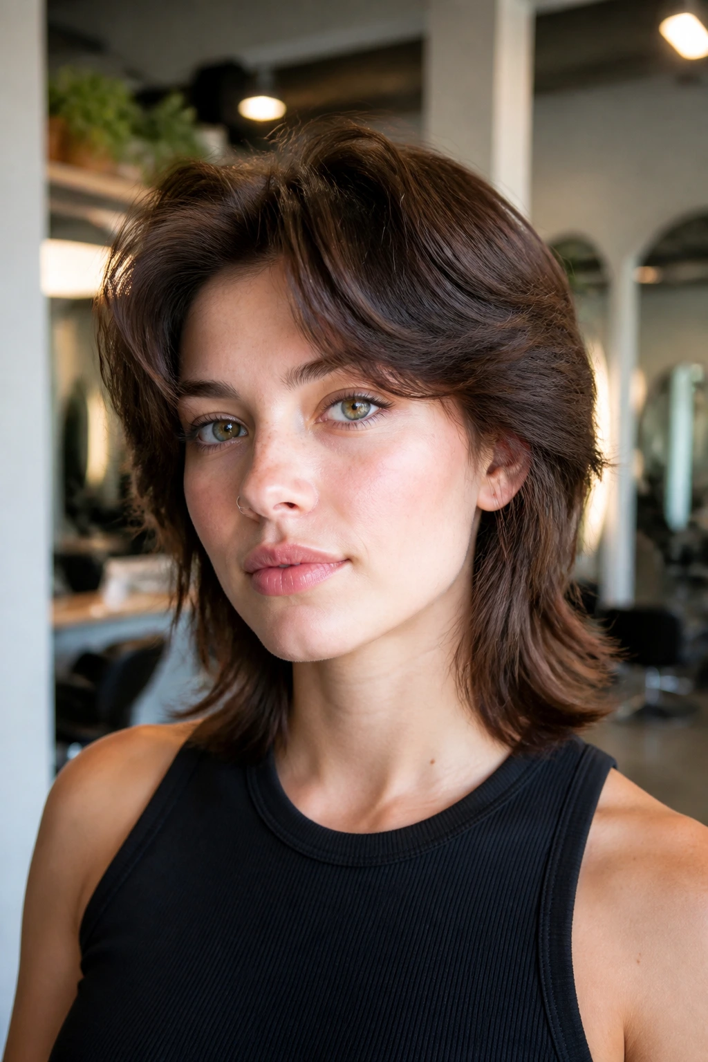 Close-up of a real person with a sleek blowout wolf mullet hairstyle
