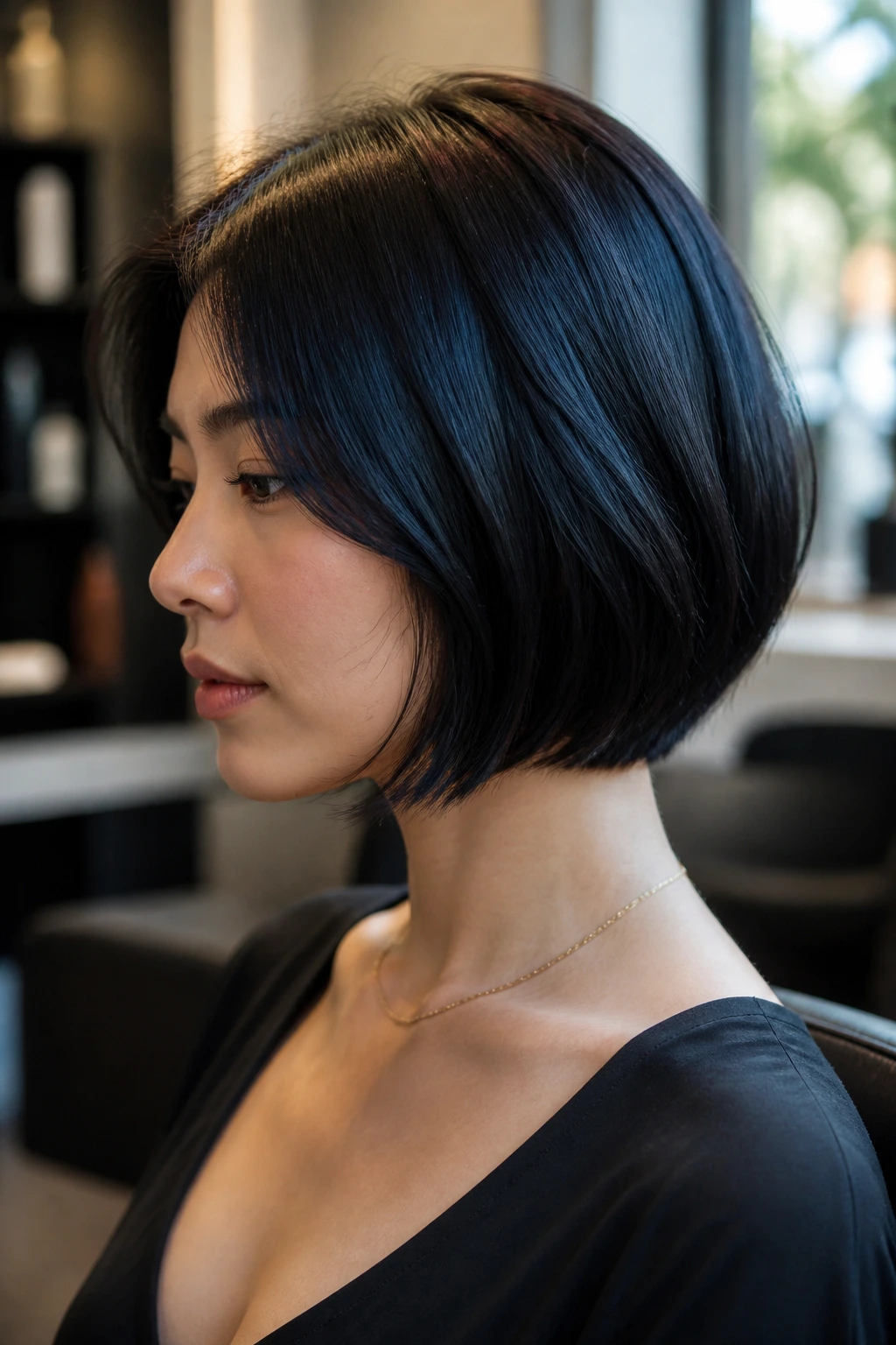 Close-up of a real Asian woman with a short bob in deep blue-black gloss showing reflective shine.