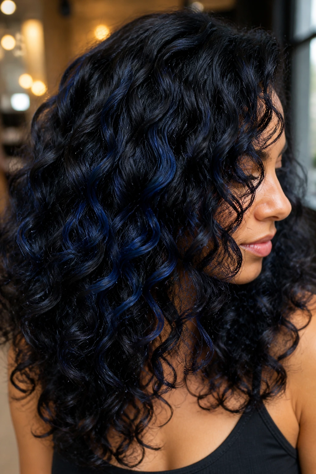 Close-up of a real person’s curly hair with blue-black gloss and sapphire peekaboo highlights