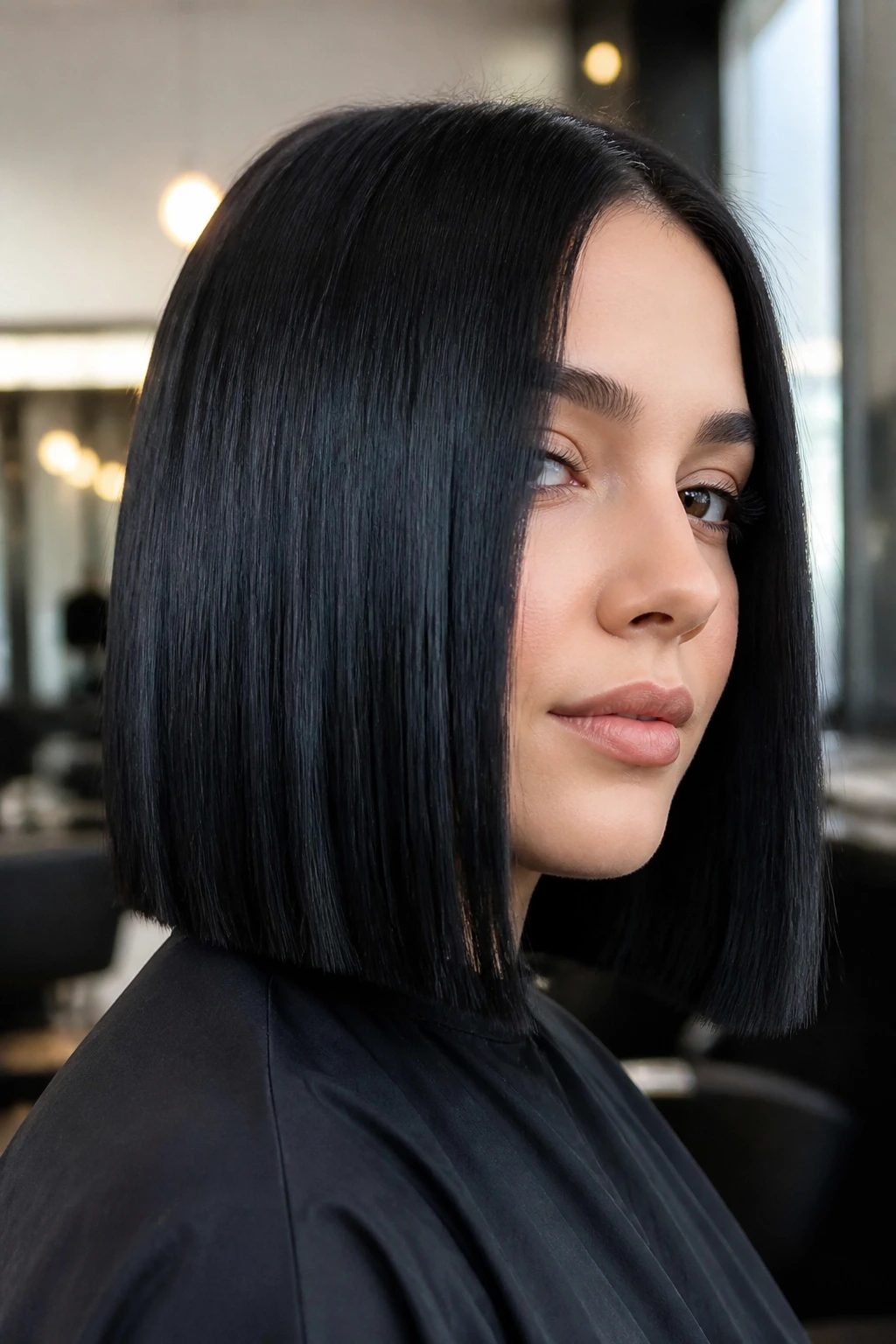 Portrait of a person with blunt-cut straight hair in blue-black gloss.