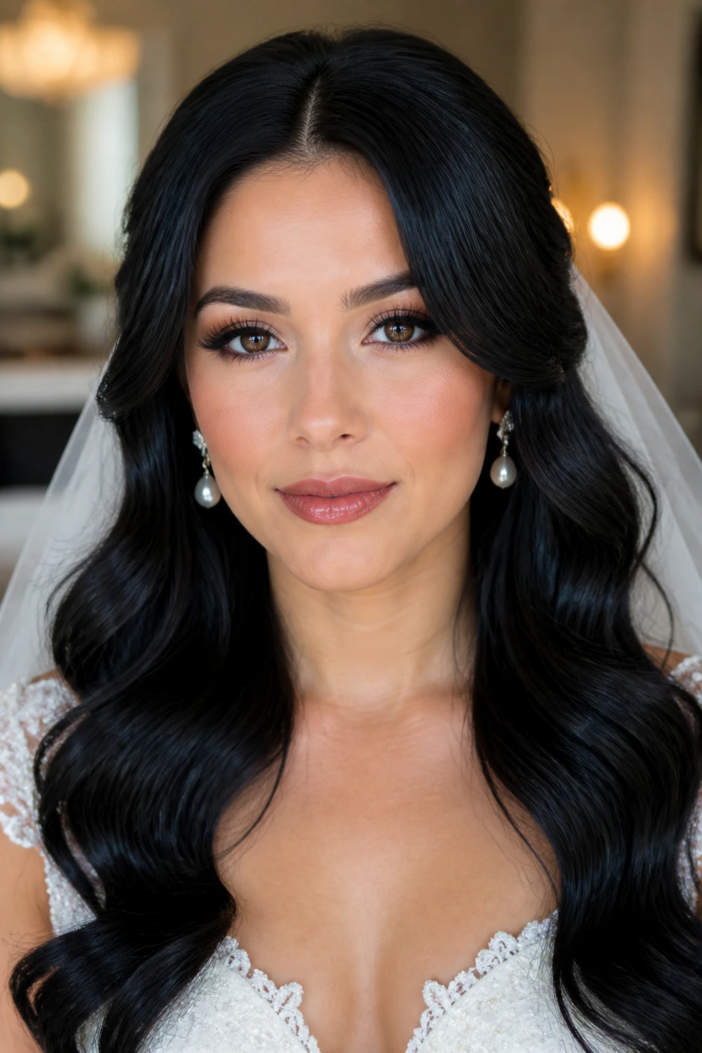 Close-up of a bride with glossy blue-black hair