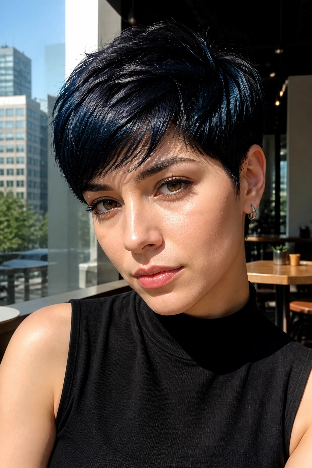 Close-up of a real person with blue-black shine crop showing blue reflections on fringe