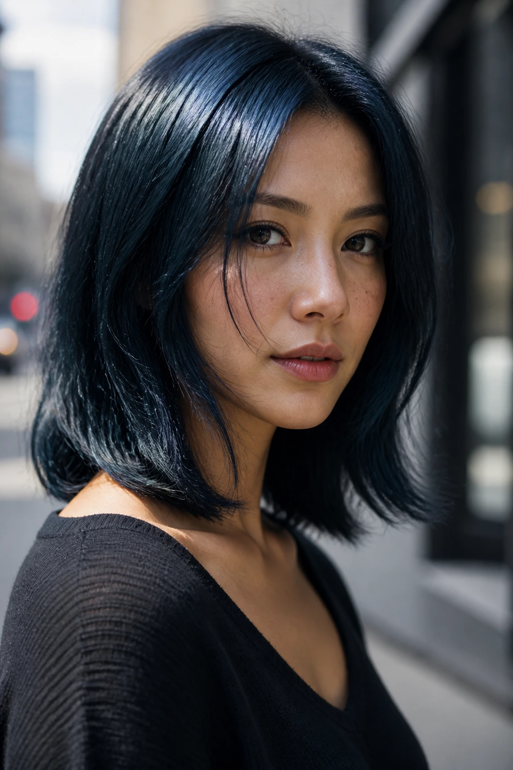 Close-up of a woman with blue-black collarbone-length hair showing cool undertones