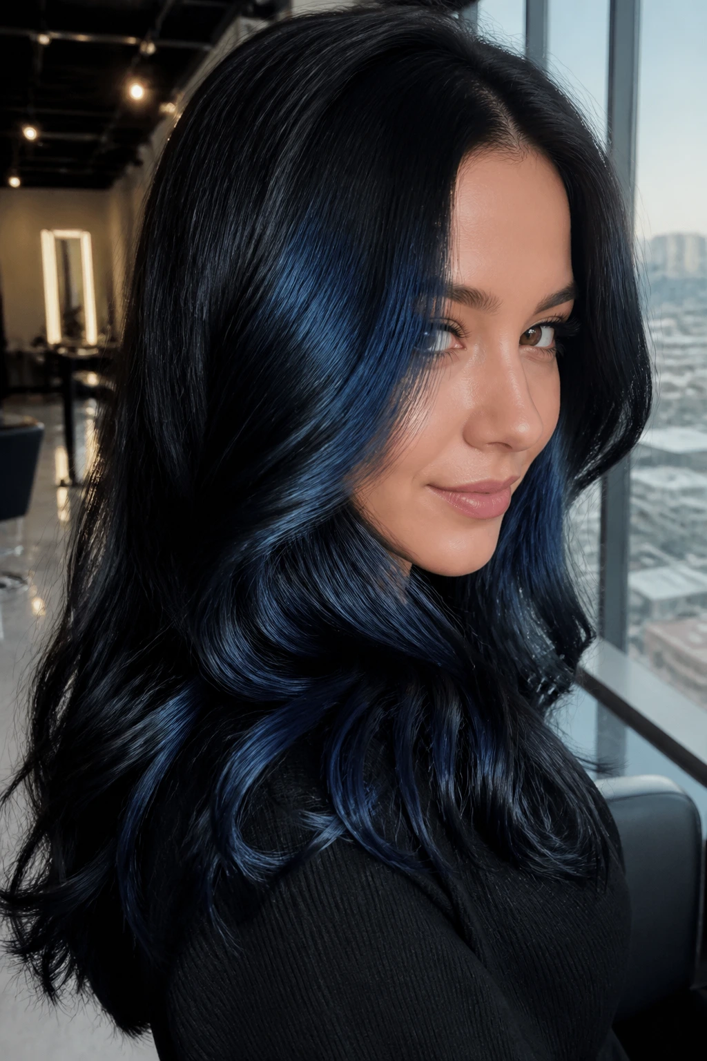 Close-up of a real woman with blue-black glossy hair reflecting blue in bright light.