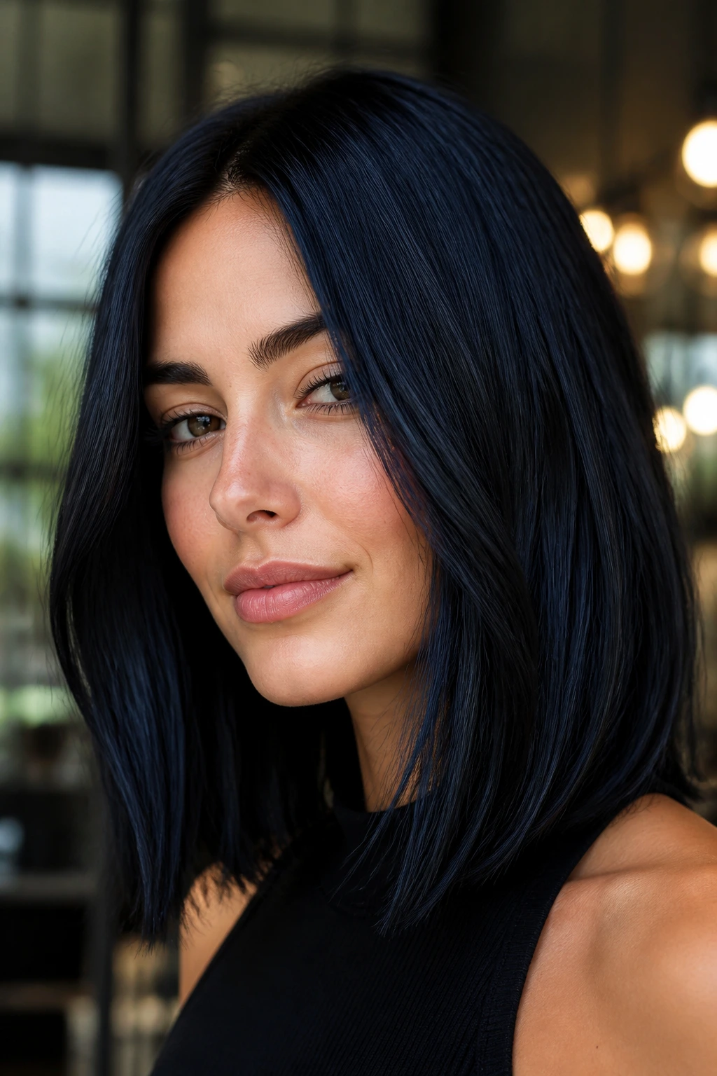 Close-up portrait of a real woman with blue-black glossy hair on a medium-length blunt lob