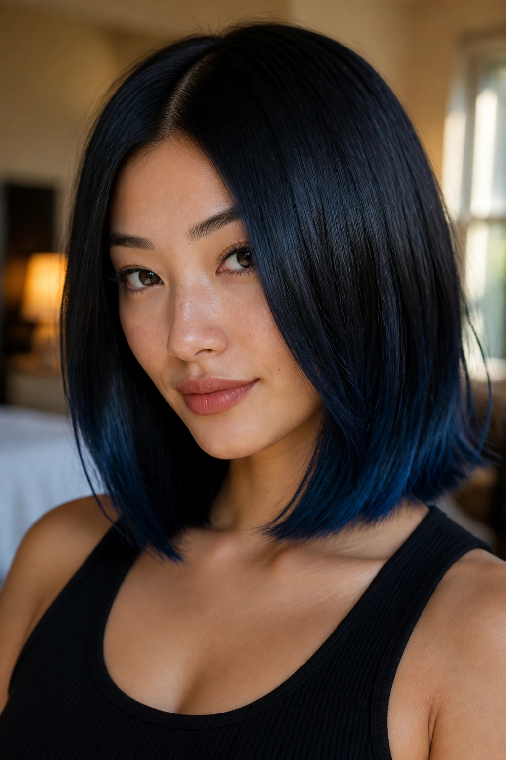 Blue-black hair with sapphire edge on shoulder-length lob