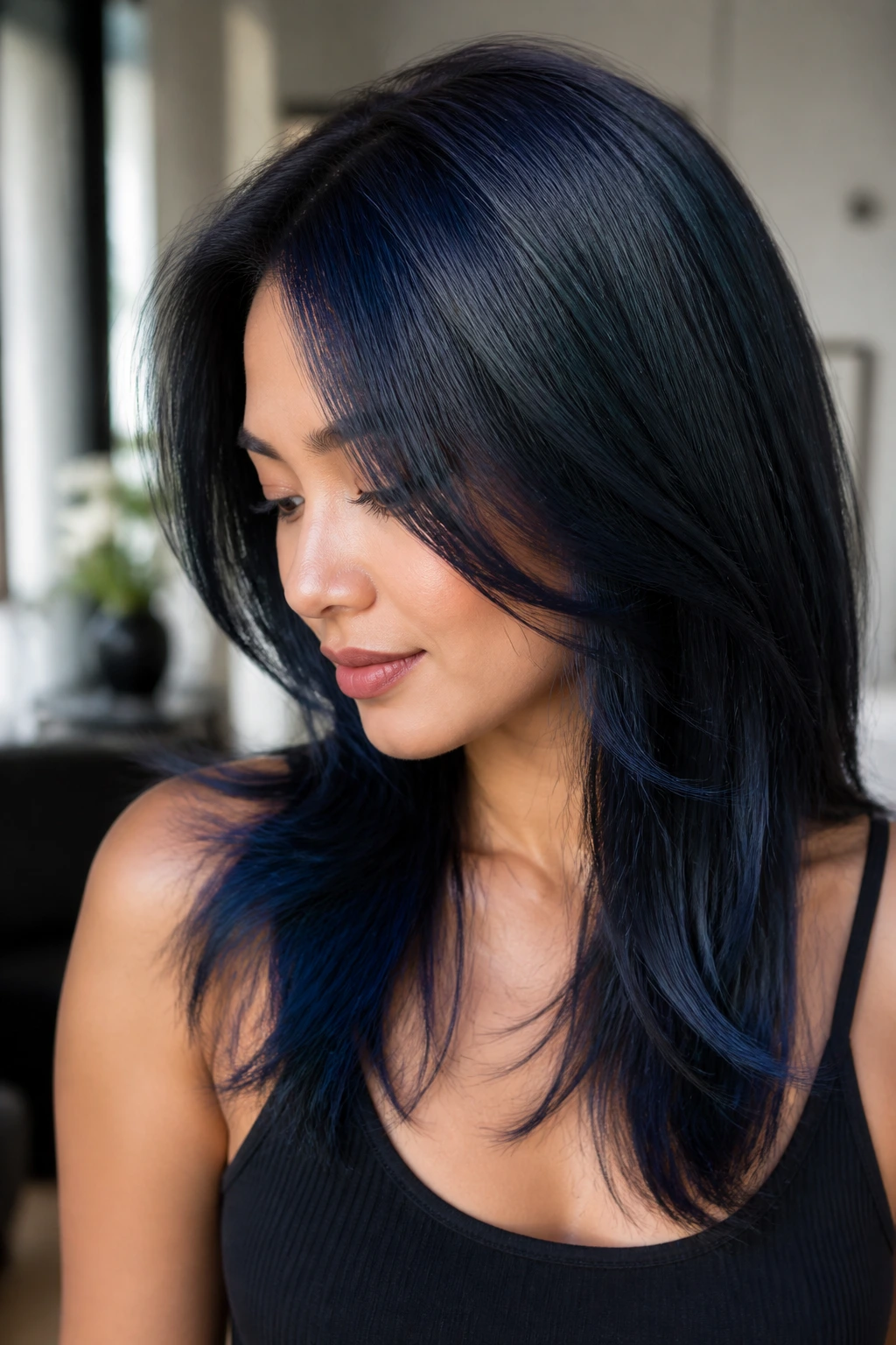 Close-up of blue-black hair with blue-violet shine on a real person